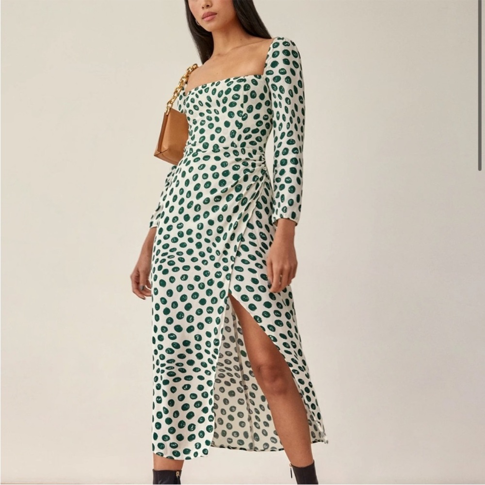 Reformation Hilda Green Polka Dot Dress